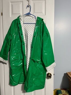 Green Vinyl Raincoat with Polka Dot Lining